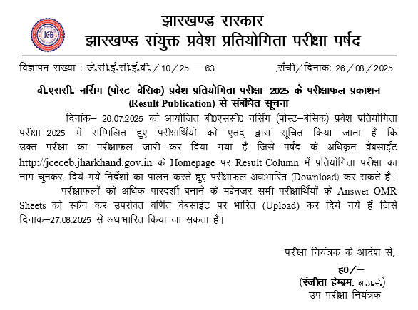 Jharkhand BSc Nursing ANM GNM Result 2025
