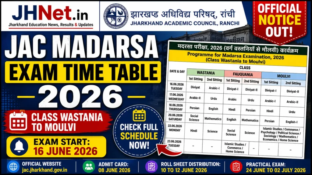 JAC Madarsa Exam Time Table 2026 Released: Check Full Exam Schedule for Wastania to Moulvi 1 JAC Madarsa Exam Time Table 2026