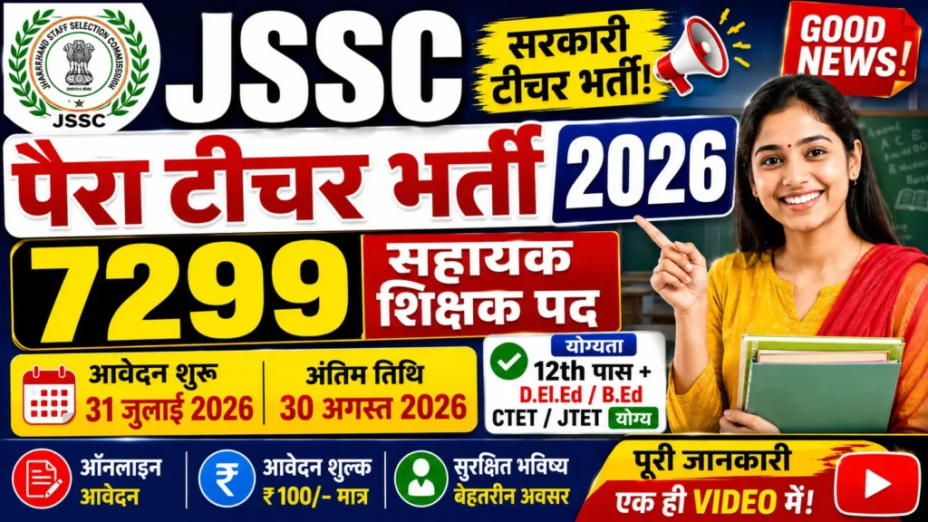 JSSC Para Teacher Recruitment 2026: 7299 Assistant Teacher Vacancy, Apply Online, Eligibility, Salary, Last Date 1 JSSC Para Teacher Recruitment 2026